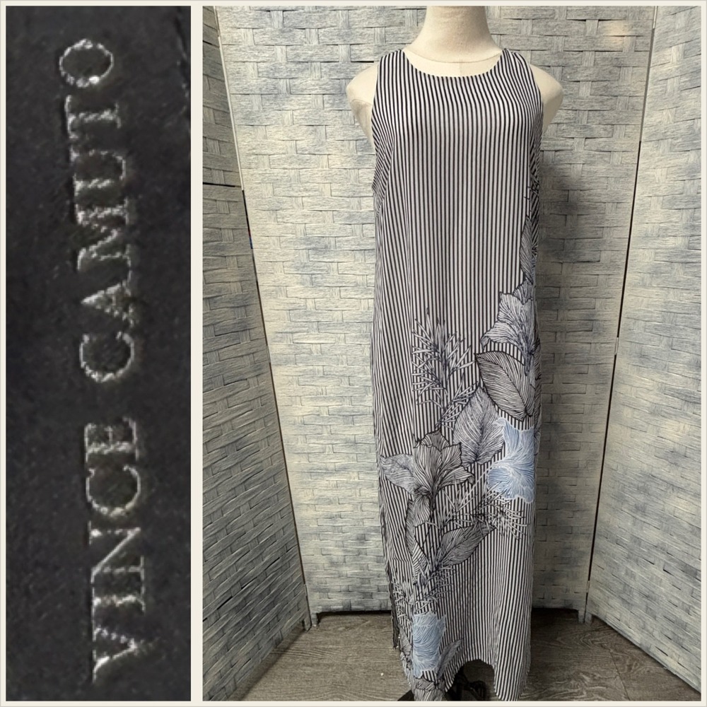 Vince Camuto Black & White Striped Maxi Dress with Blue Floral Accent